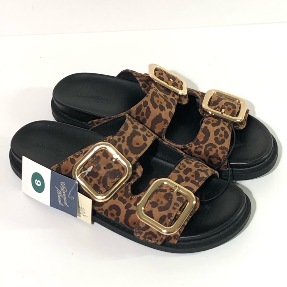 Universal Thread Collin Double Buckle Footbed Sandals Brown Leopard Slides - Picture 5 of 6